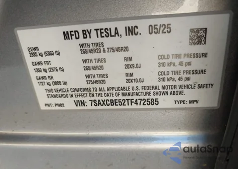 2026 Tesla Model X from USA, damaged, VIN 7SAXCBE52TF472585
